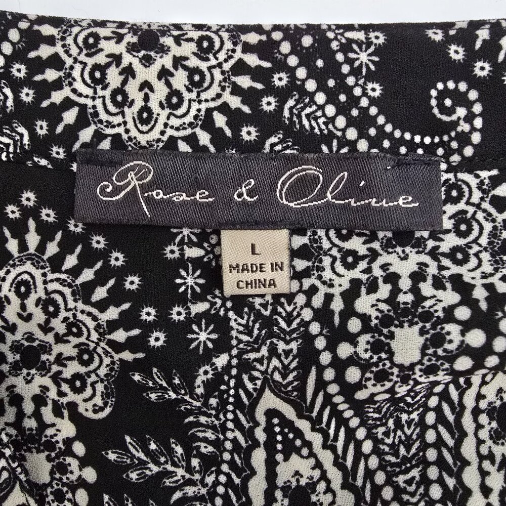 Rose + Olive Womens Top Shirt Large Blouse Paisley Black Cream Boho Long Sleeves - Picture 7 of 9